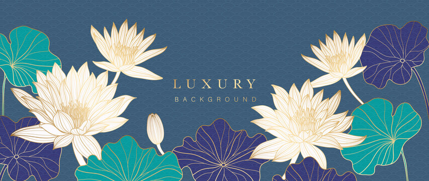 Luxury gold lotus background vector. Zen wallpaper collection with golden lotus line art. Design for yoga banner, Luxury cover design and invitation, invite, banner, Natural product packaging design.