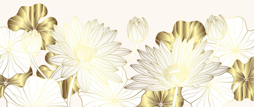 Luxury gold lotus background vector. Zen wallpaper collection with golden lotus line art. Design for yoga banner, Luxury cover design and invitation, invite, banner, Natural product packaging design.