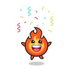 happy fire mascot jumping for congratulation with colour confetti