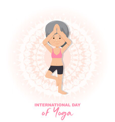 International Day of Yoga banner with old woman doing yoga exercise