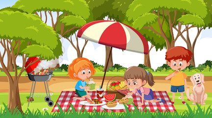 Fototapeta na wymiar Scene with many kids picnic in the park