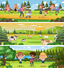 Fototapeta premium Different nature landscape at daytime scene with cartoon character