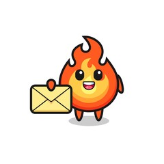 cartoon illustration of fire holding a yellow letter