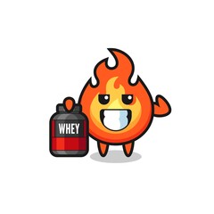 the muscular fire character is holding a protein supplement