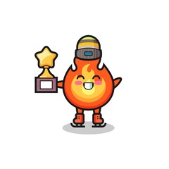 fire cartoon as an ice skating player hold winner trophy