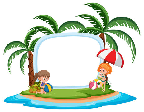 Blank banner template with many kids on summer vacation at the beach isolated