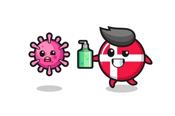 Obraz premium illustration of denmark flag badge character chasing evil virus with hand sanitizer