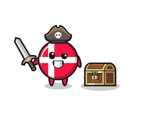 the denmark flag badge pirate character holding sword beside a treasure box