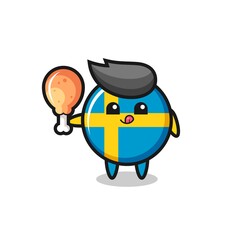 sweden flag badge cute mascot is eating a fried chicken