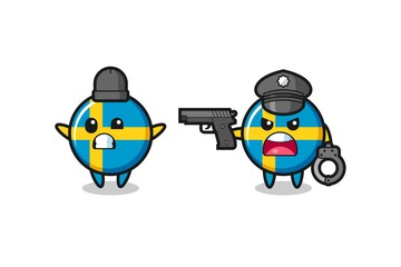 illustration of sweden flag badge robber with hands up pose caught by police