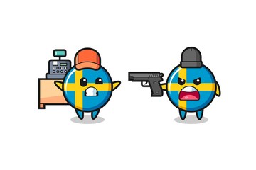 illustration of the cute sweden flag badge as a cashier is pointed a gun by a robber