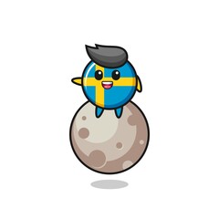 illustration of sweden flag badge cartoon sitting on the moon