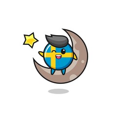 illustration of sweden flag badge cartoon sitting on the half moon