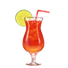 Summer cocktail in glass with lemon slice and drinking straw isolated on white