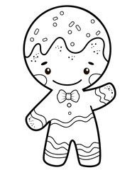 Christmas coloring book or page. Gingerbread man black and white vector illustration