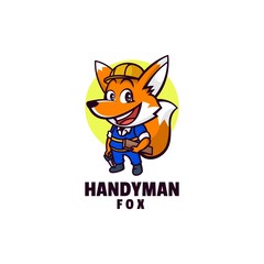 Vector Logo Illustration Handyman Fox Mascot Cartoon Style.