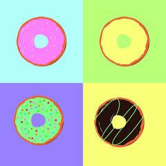 Set of vector multicolored donuts on an isolated background. Donuts collection. Sweet donuts with frosting and sprinkling.