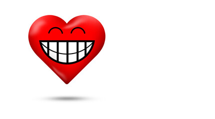 Heart smiley emoji On White. Funny red face with happy expressions and emotions. Joy Love symbol. Copy Space 3D Rendering. 