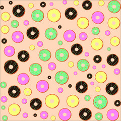 Seamless pattern of cartoon colorful donuts  , top view. Collection of donuts in glaze for menu design, cafe decoration. Vector illustration in flat style