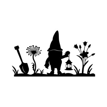 silhouette of a gnome holding a street lamp, shovel, flowers. silhouette for laser cutting. vector. eps