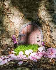 Little fairy tale door made from clay in a tree trunk with pink petals