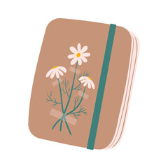 Vintage sketchbook with flowers vector illustration. Hand drawn cute diary. Brown doodle textbook isolated on white background