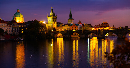 Fototapeta na wymiar View of illuminated Charles Bridge at night, Prague, Czech Republic
