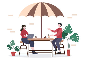 Cafe Illustration With View of People Sitting, Drinking Coffee, Working On Laptop, Chatting and Barista Standing At The Counter