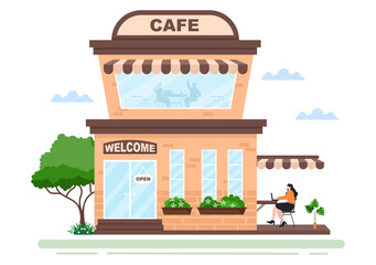 Cafe or Coffeehouse Illustration With Open Board, Tree, And Building Shop Exterior. Flat Design Concept