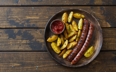 Baked potatoes and grilled sausages on dark wooden background