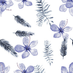 Navy Seamless Leaves. Cobalt Pattern Botanical. White Tropical Design. Blue Flower Leaf. Indigo Drawing Nature. Gray Watercolor Botanical. Spring Illustration.