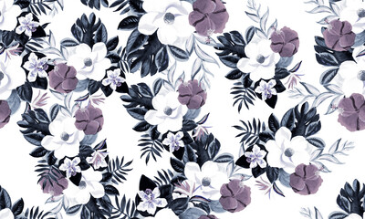 Indigo Seamless Vintage. Gray Pattern Illustration. Cobalt Tropical Painting. White Floral Painting. Navy Flora Nature. Blue Watercolor Texture. Decoration Exotic.