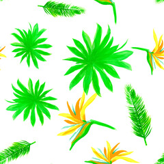 Green Pattern Background. White Seamless Painting. Organic Tropical Design. Natural Isolated Botanical. Drawing Painting. Decoration Foliage. Wallpaper Exotic.