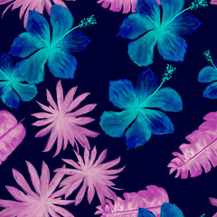 Blue Seamless Exotic. Pink Pattern Palm. Azure Tropical Nature. Indigo Flower Textile. Purple Decoration Design. Cobalt Watercolor Palm. Banana Leaves.
