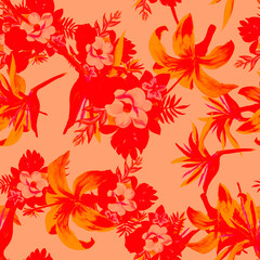 Pink Pattern Plant. Coral Seamless Foliage. Ruby Tropical Leaves. Scarlet Flower Leaves. Red Wallpaper Vintage. Decoration Leaves. Watercolor Design.