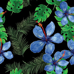 Black Seamless Plant. Cobalt Pattern Background. Natural Tropical Painting. Indigo Floral Plant. Green Flower Design. Blue Isolated Design. Monstera Leaves.