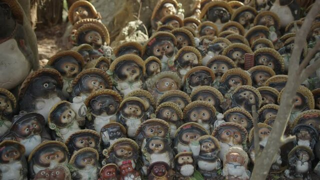多くのタヌキ像が並んである映像。
