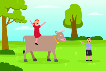 Vacation vector concept: Little girl and boy playing with cow together while enjoying their holiday