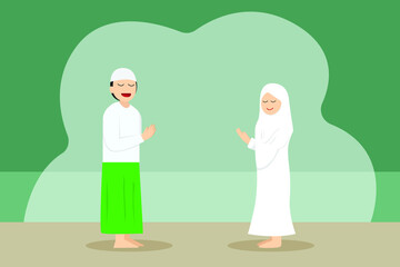 Asking forgiveness vector concept: Muslim man and woman forgiving each other while doing greeting gesture 