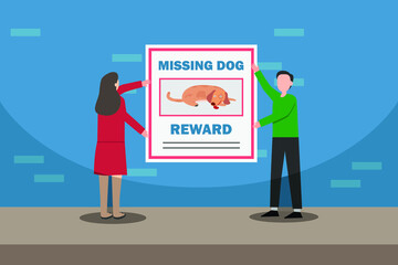 Missing pets vector concept: Young couple put missing dog poster on the wall  while standing on the street
