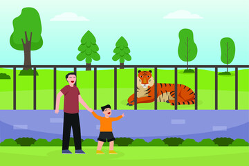Fototapeta premium Vacation vector concept: Young father and little son looking the tiger in the zoo while enjoying their holiday 