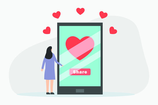 Sharing love vector concept: Young woman looking at her smartphone while sharing heart picture 