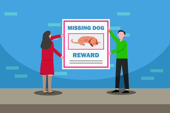 Missing pets vector concept: Young couple put missing dog poster on the wall  while standing on the street