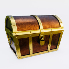 Treasure chest made of gold. Antique chest made of wood and metal, painted gold. Antique padlock locks the treasure chest. on a white background. 3D rendering