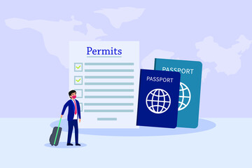 Passport vector concept. Businessman with permits document and passport