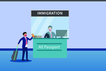 Immigration vector concept. Businessman standing on the immigration counter checkpoint in airport - obrazy, fototapety, plakaty