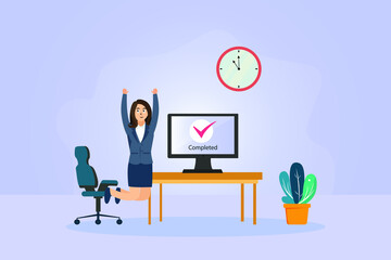 Completed vector concept. Happy businesswoman with completed task tick sign on the computer monitor