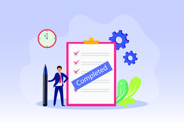 Completed vector concept. Businessman with completed tasks list on the clipboard