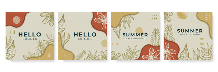 Obraz na płótnie Canvas Vector set of earth tone social media post and stories design templates, backgrounds with copy space for text - summer landscape. Summer background with leaves and waves