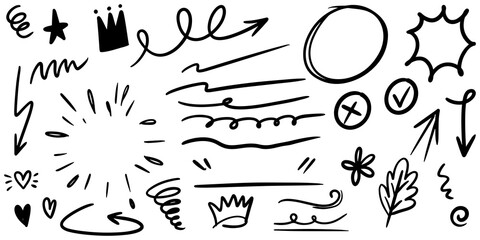 hand drawn set of curly swishes, swashes, swoops. Abstract arrows,  Arrow, heart, love, star, leaf, sun, light, crown, king, queen, on doodle style for concept design. vector illustration.
